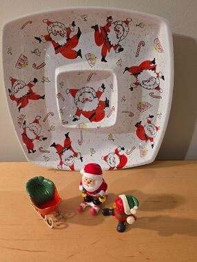 Vintage Chip And Dip Plate, Santa,  Bird And Sleigh